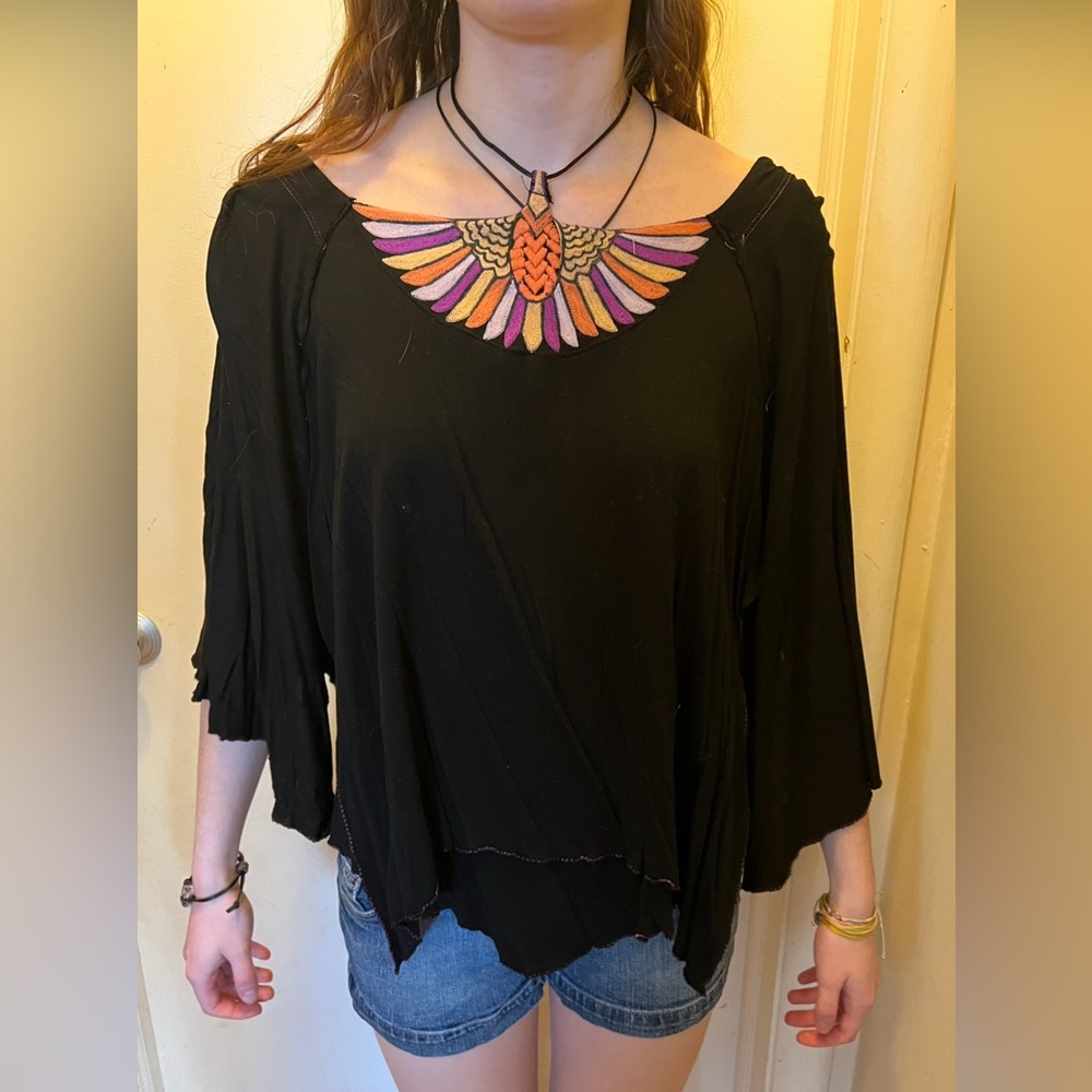 Free People Tie Top with Colorful Bird Embroidery